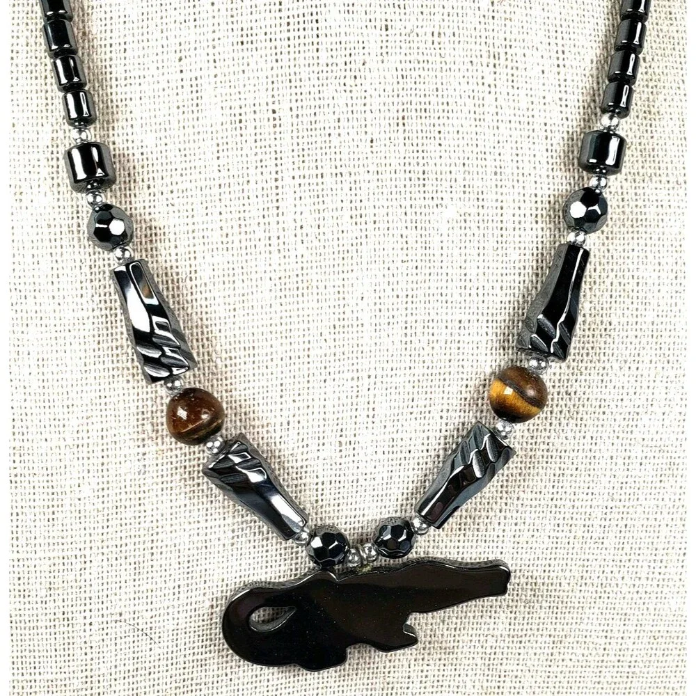 Carved Hematite & Tigers Eye Gator Pendant 17